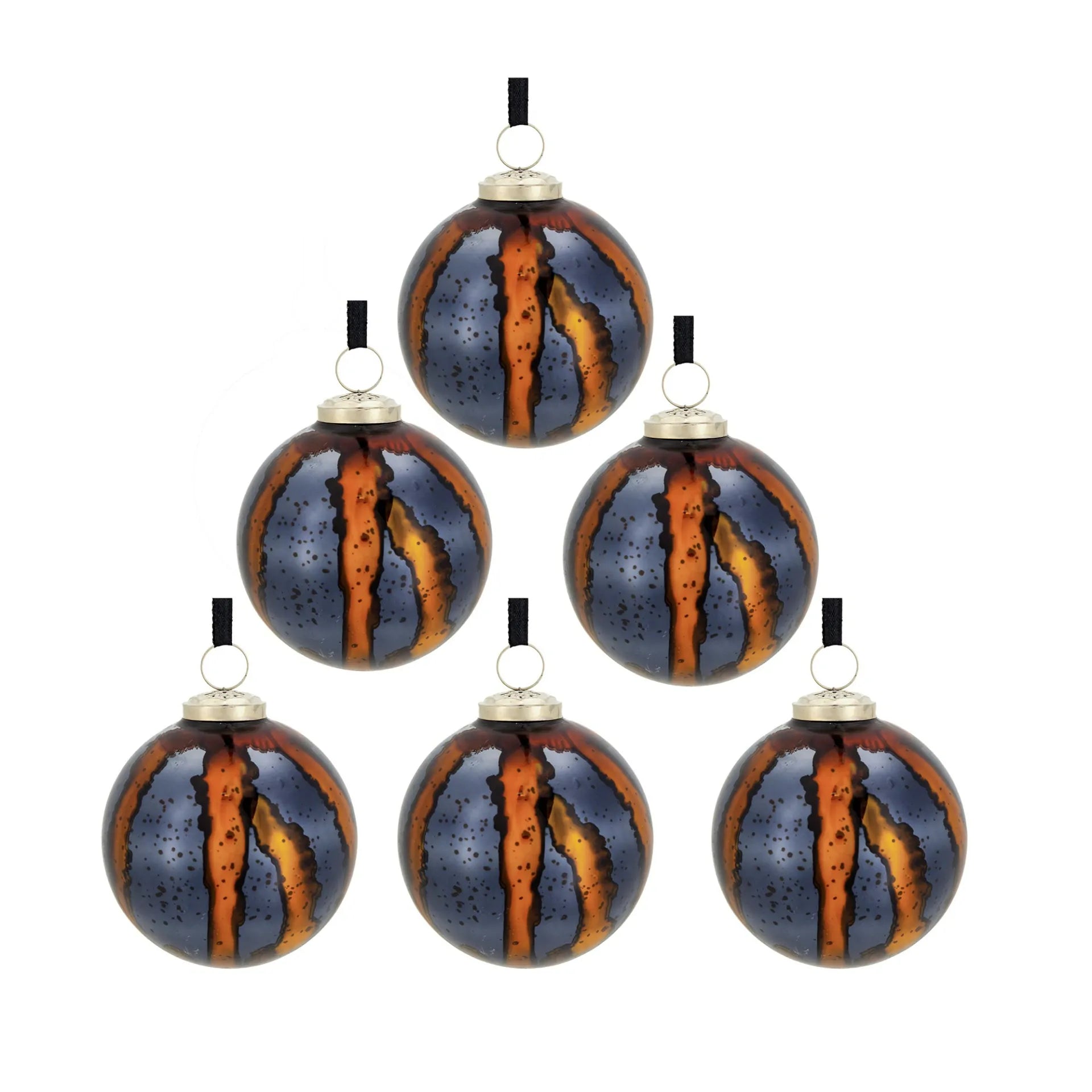 Set of 6 Orange and Blue Striped Glass Christmas Ball Ornaments 3.9 Inch