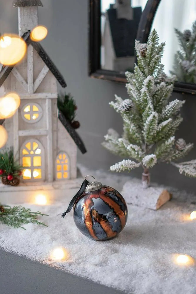 Set of 6 Orange and Blue Striped Glass Christmas Ball Ornaments 3.9 Inch