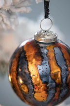 Set of 6 Orange and Blue Striped Glass Christmas Ball Ornaments 3.9 Inch