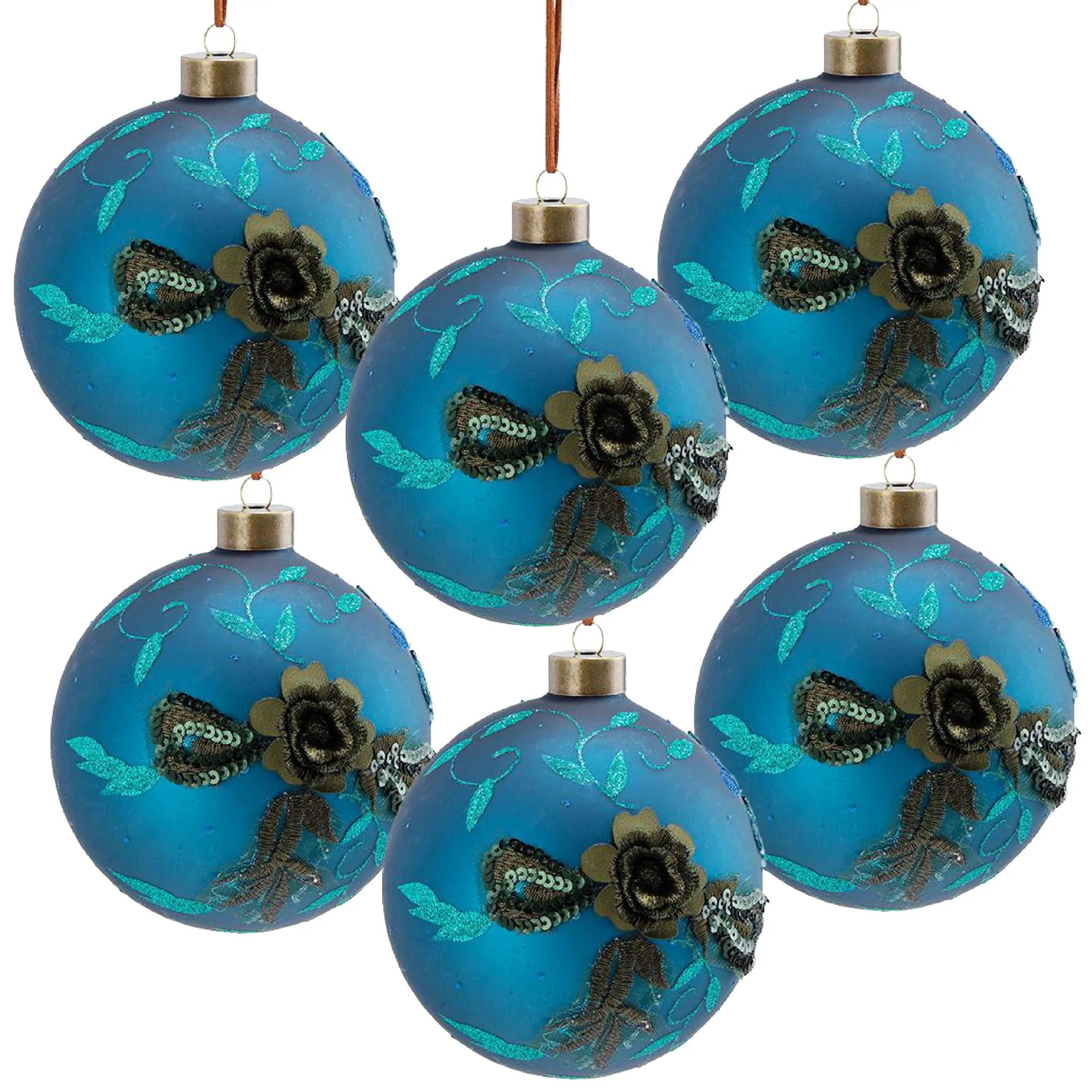 Set of 6 Turquoise Glass Christmas Balls with Gold Floral Pattern 3.9 Inch