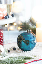 Set of 6 Turquoise Glass Christmas Balls with Gold Floral Pattern 3.9 Inch