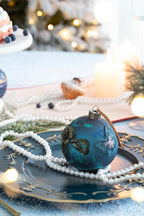 Set of 6 Turquoise Glass Christmas Balls with Gold Floral Pattern 3.9 Inch