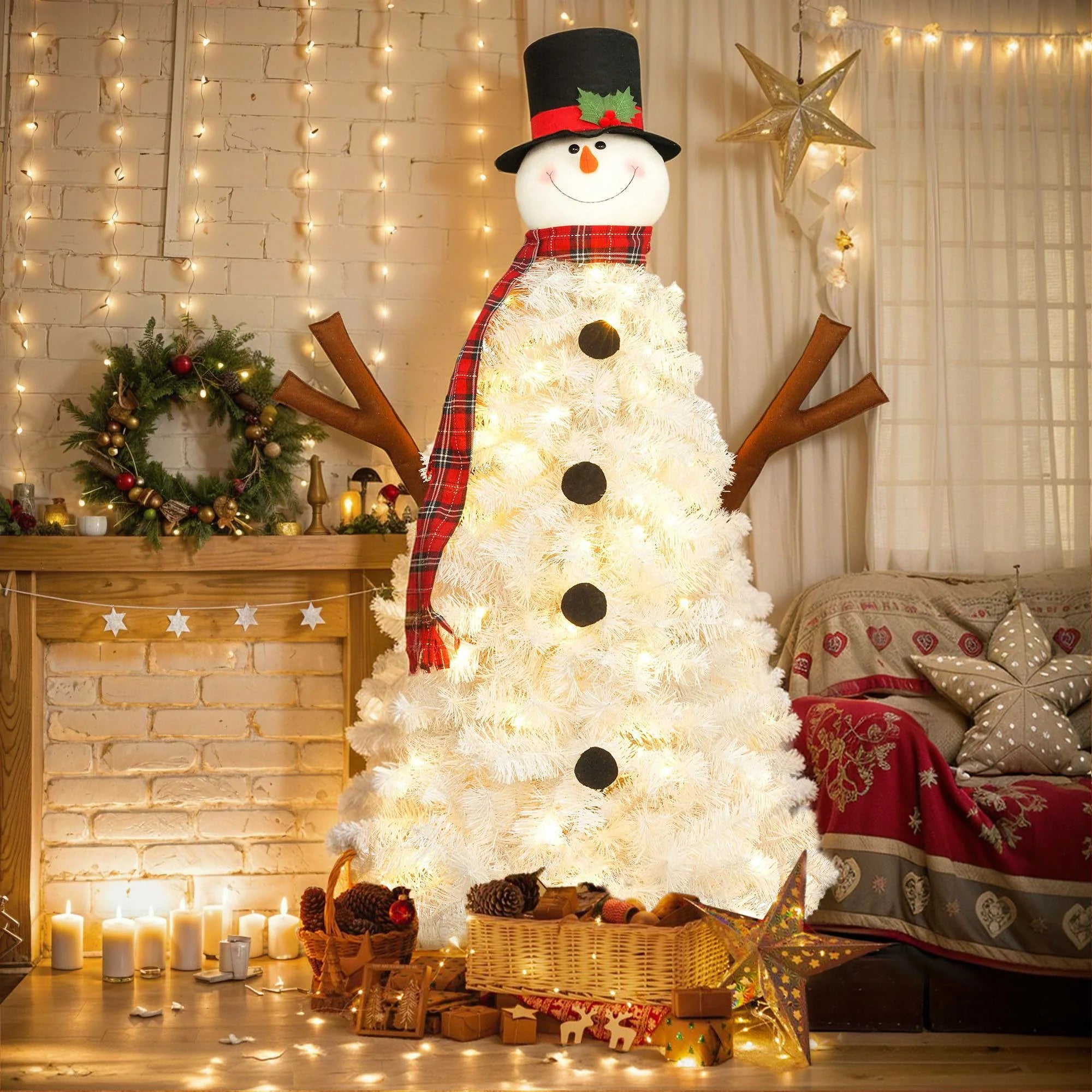 Snowman Christmas Tree 100 Lights 380 Branch Tips Xmas Decor