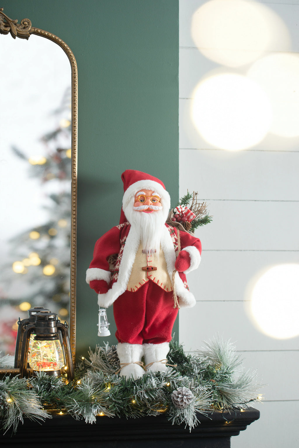 Standing Santa with Lantern and Bag, Red White