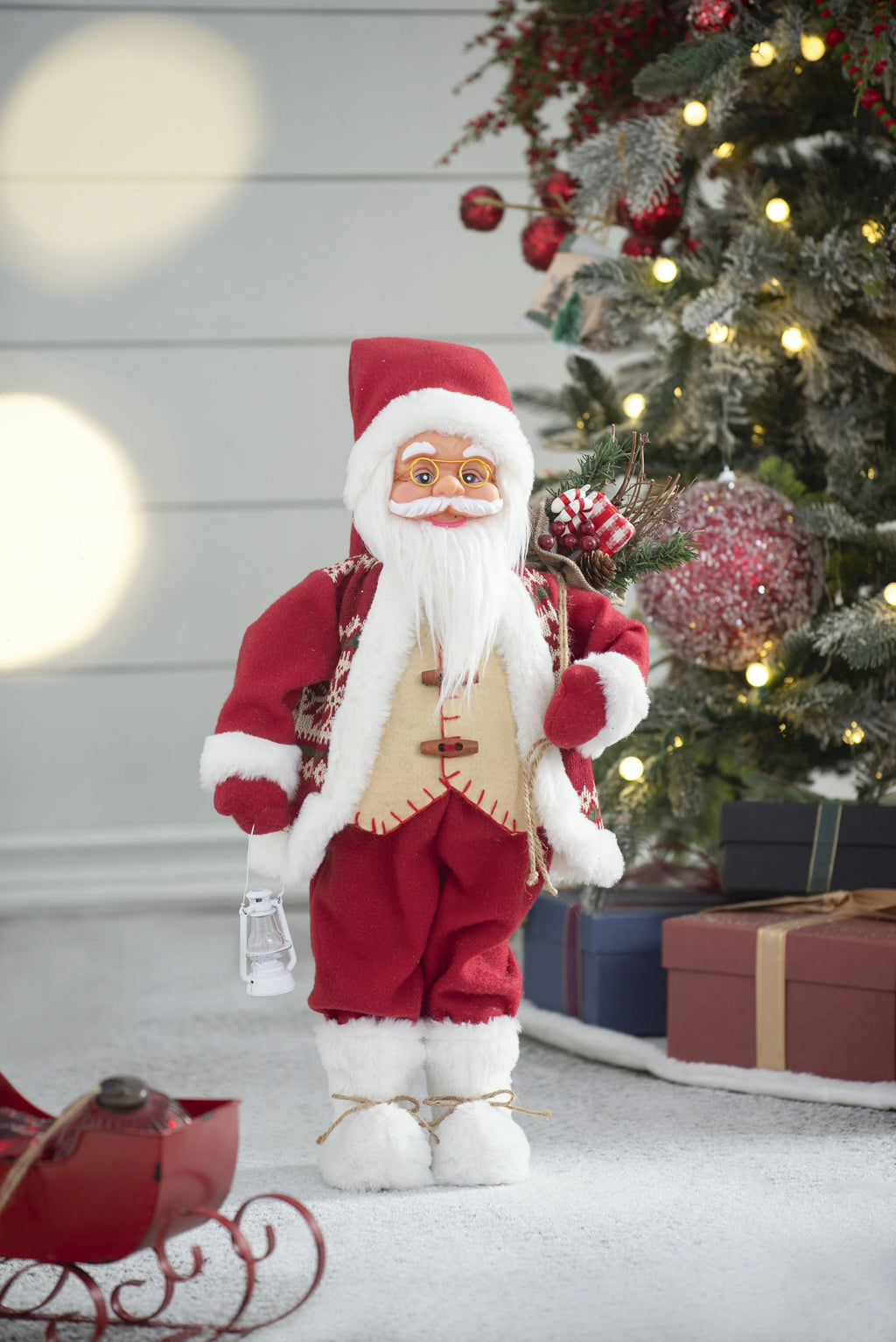 Standing Santa with Lantern and Bag, Red White