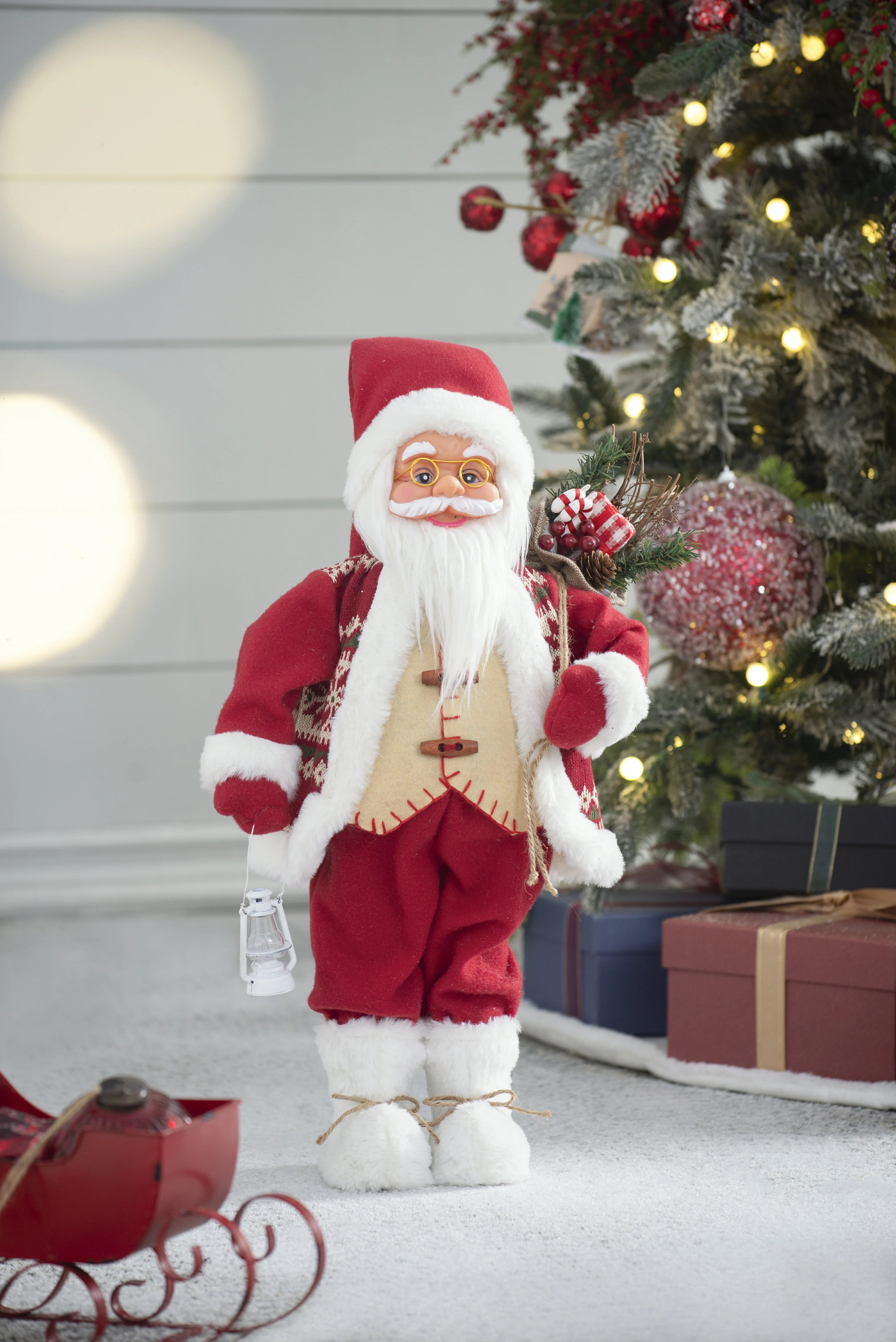 Standing Santa with Lantern and Bag, Red White