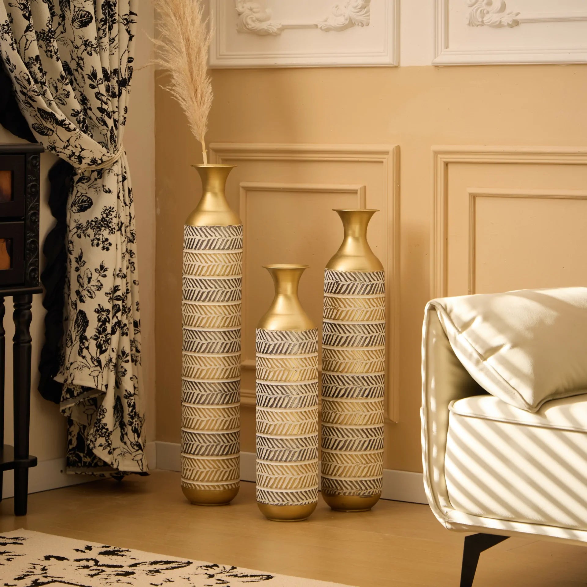 Vintage Grey Metal Floor Vase Set of 3 Oversized Farmhouse Decor with Pampas