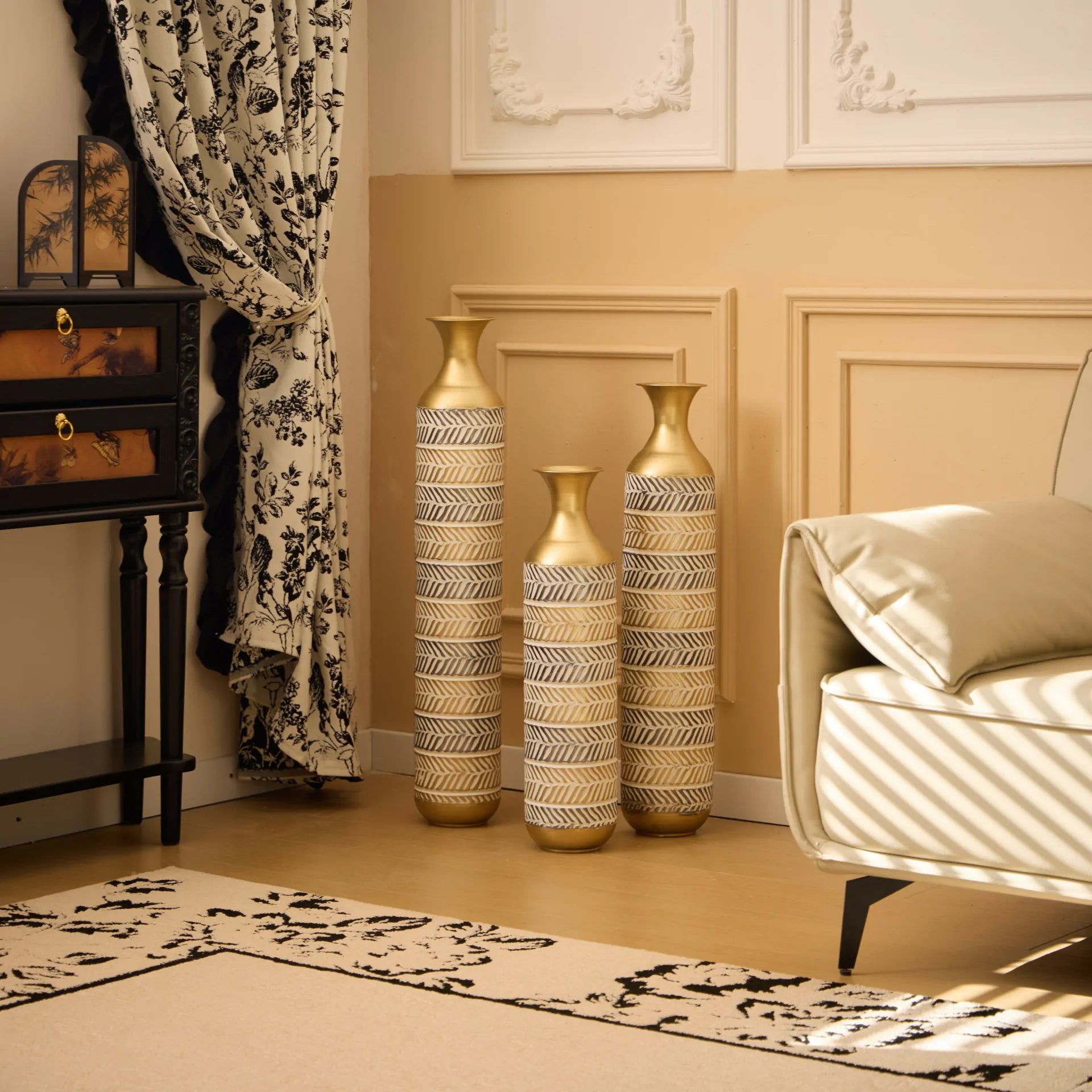 Vintage Grey Metal Floor Vase Set of 3 Oversized Farmhouse Decor with Pampas