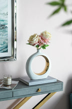 White Ceramic Ring Vase with Gold Accents 12 Inch Modern Home Decor