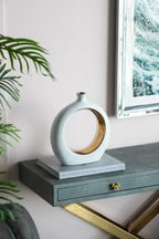 White Ceramic Ring Vase with Gold Accents 12 Inch Modern Home Decor