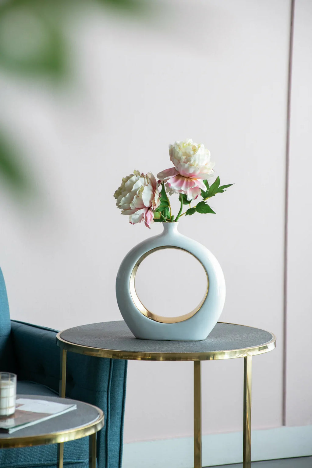 White Ceramic Ring Vase with Gold Accents 12 Inch Modern Home Decor