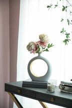 White Ceramic Ring Vase with Gold Accents 12 Inch Modern Home Decor