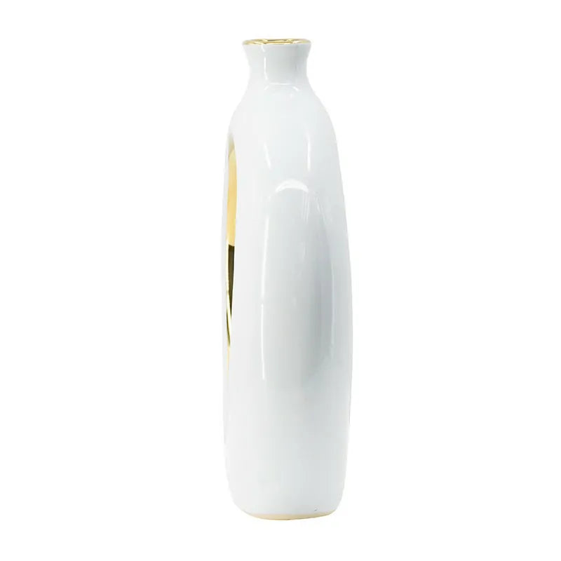White Ceramic Ring Vase with Gold Accents 12 Inch Modern Home Decor