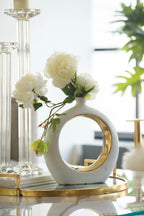 White Ceramic Ring Vase with Gold Accents 12 Inch Modern Home Decor