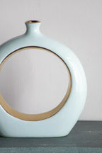 White Ceramic Ring Vase with Gold Accents 12 Inch Modern Home Decor