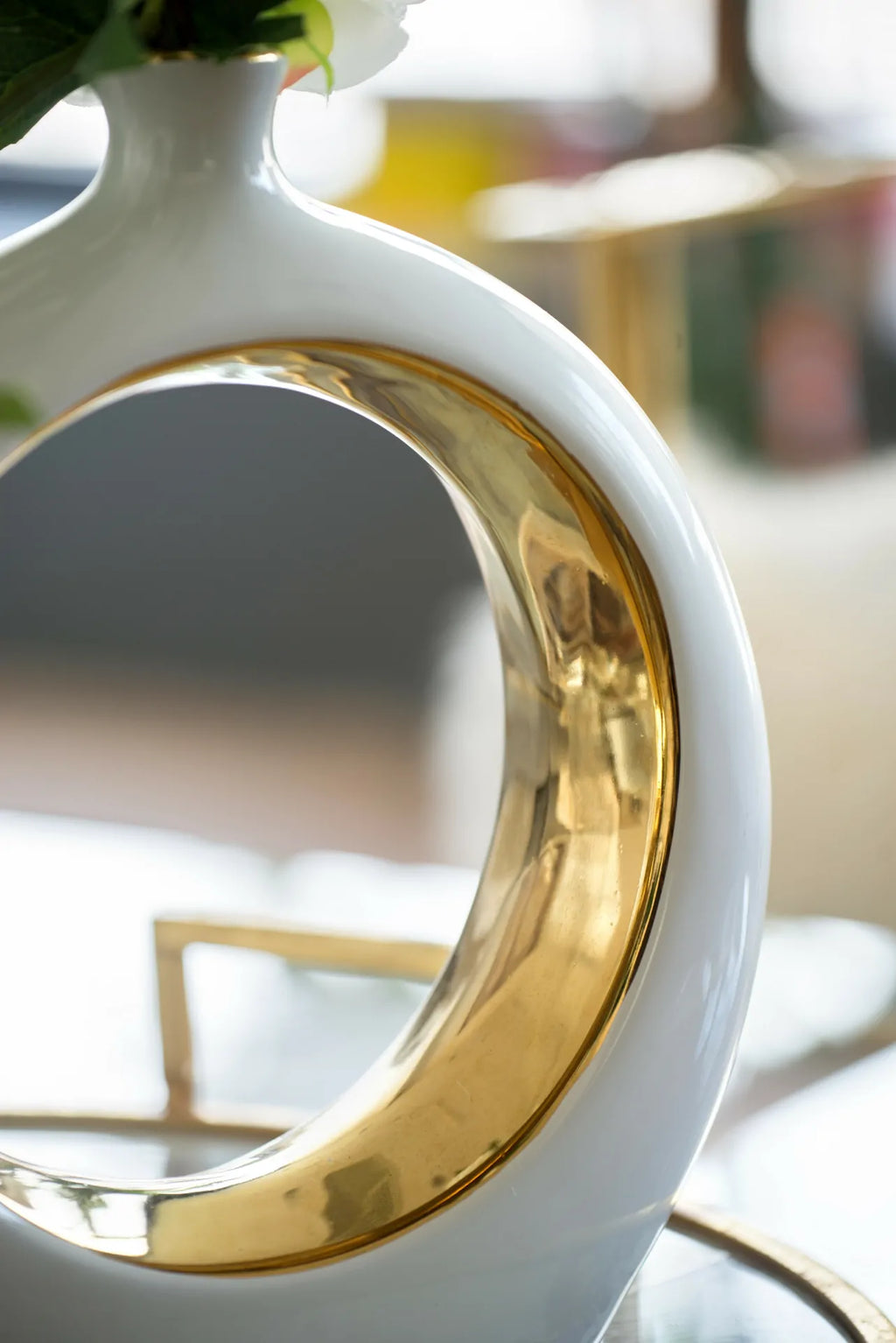 White Ceramic Ring Vase with Gold Accents 12 Inch Modern Home Decor