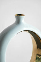 White Ceramic Ring Vase with Gold Accents 12 Inch Modern Home Decor