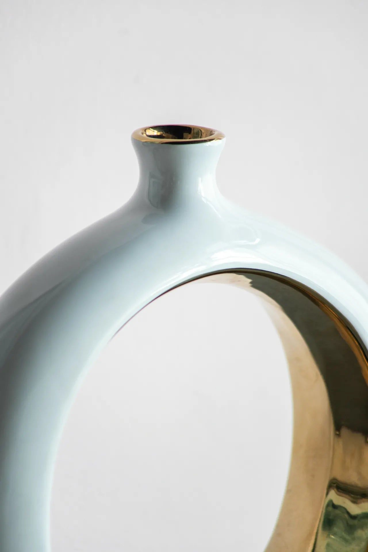 White Ceramic Ring Vase with Gold Accents 12 Inch Modern Home Decor