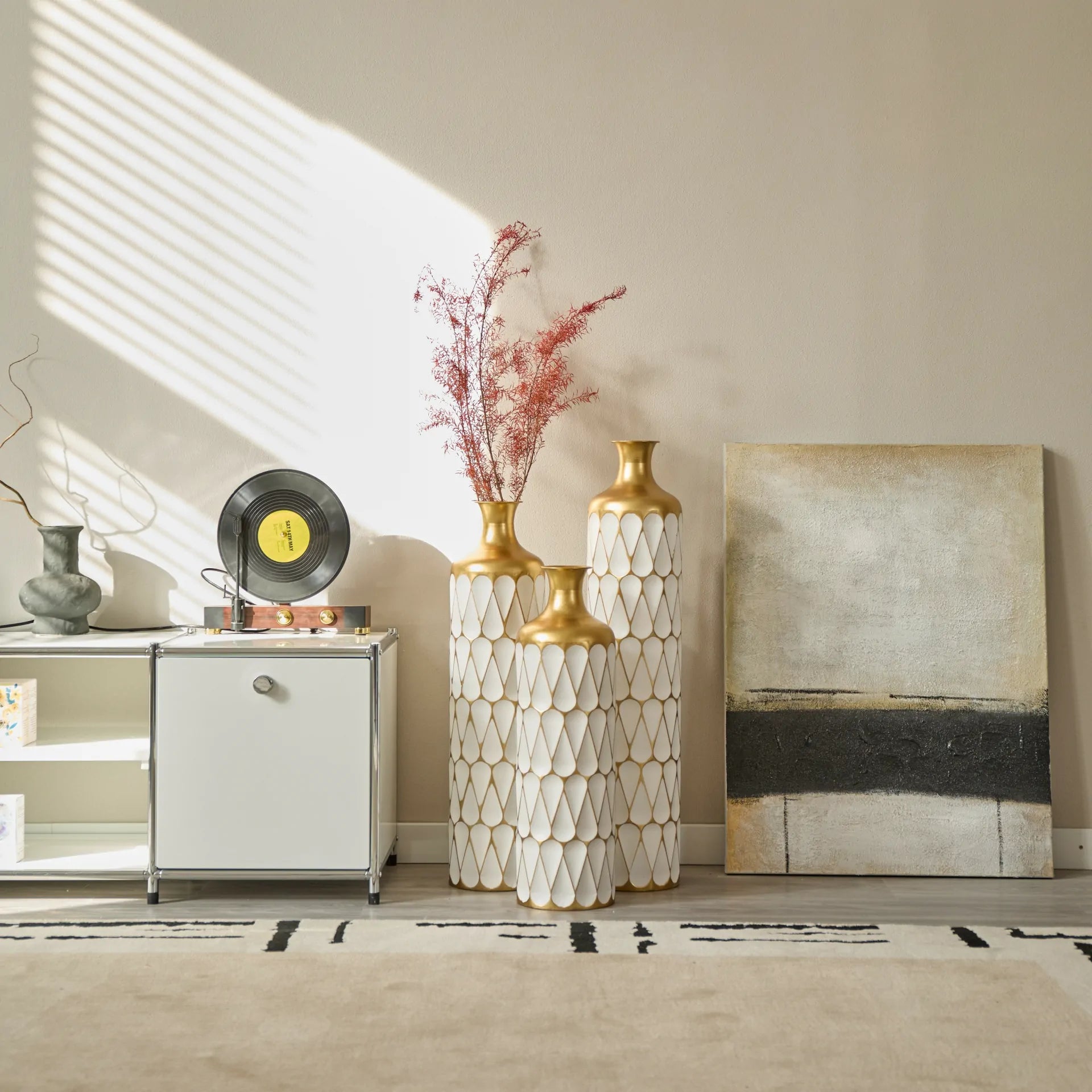 White Glazed Metal Droplet Vase Set of 3 Modern Floor Decor with Gold Trim