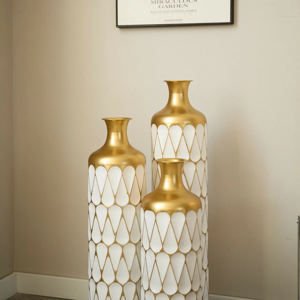 White Glazed Metal Droplet Vase Set of 3 Modern Floor Decor with Gold Trim