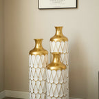 White Glazed Metal Droplet Vase Set of 3 Modern Floor Decor with Gold Trim