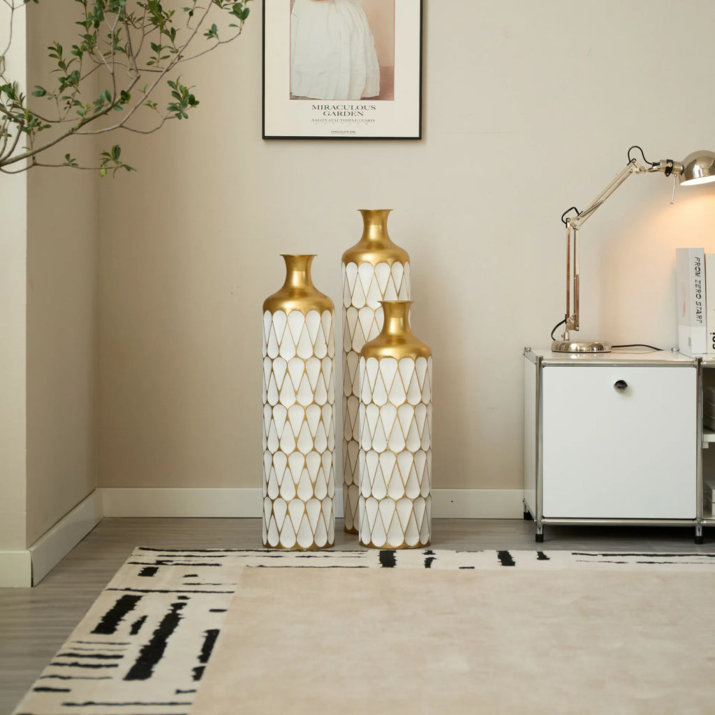 White Glazed Metal Droplet Vase Set of 3 Modern Floor Decor with Gold Trim