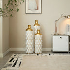 White Glazed Metal Droplet Vase Set of 3 Modern Floor Decor with Gold Trim
