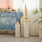 White Glazed Metal Droplet Vase Set of 3 Modern Floor Decor with Gold Trim