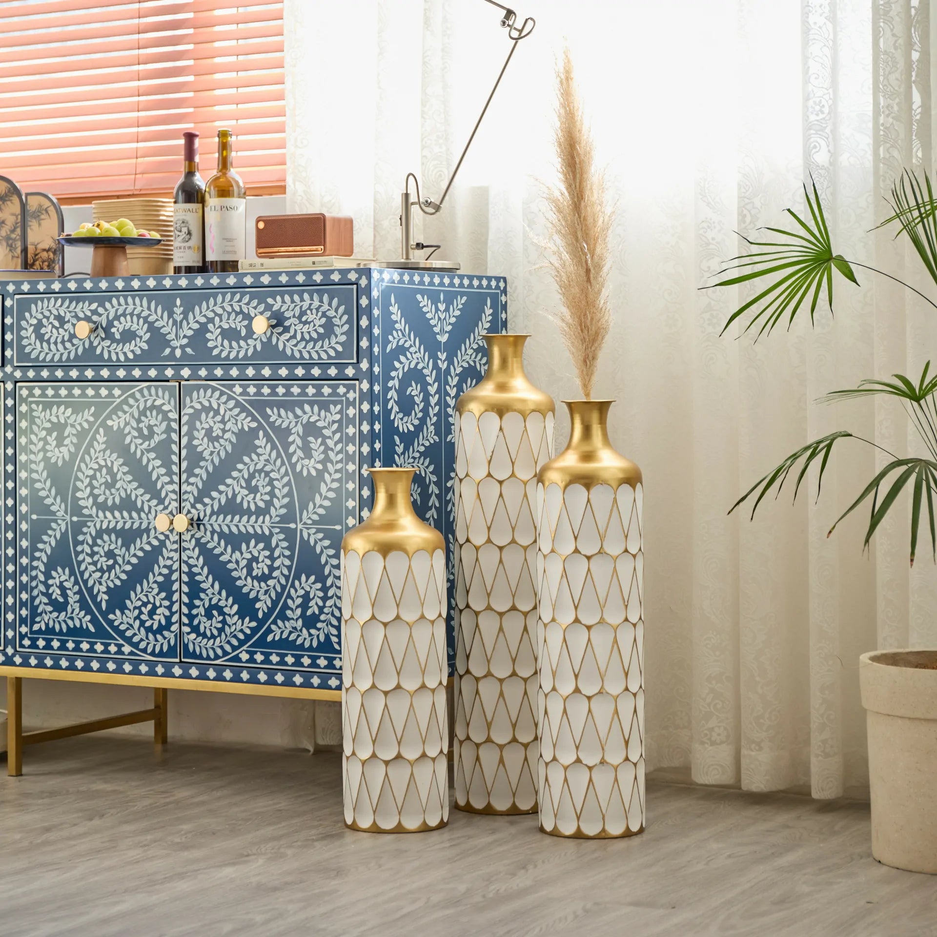 White Glazed Metal Droplet Vase Set of 3 Modern Floor Decor with Gold Trim