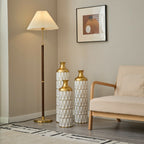 White Glazed Metal Droplet Vase Set of 3 Modern Floor Decor with Gold Trim