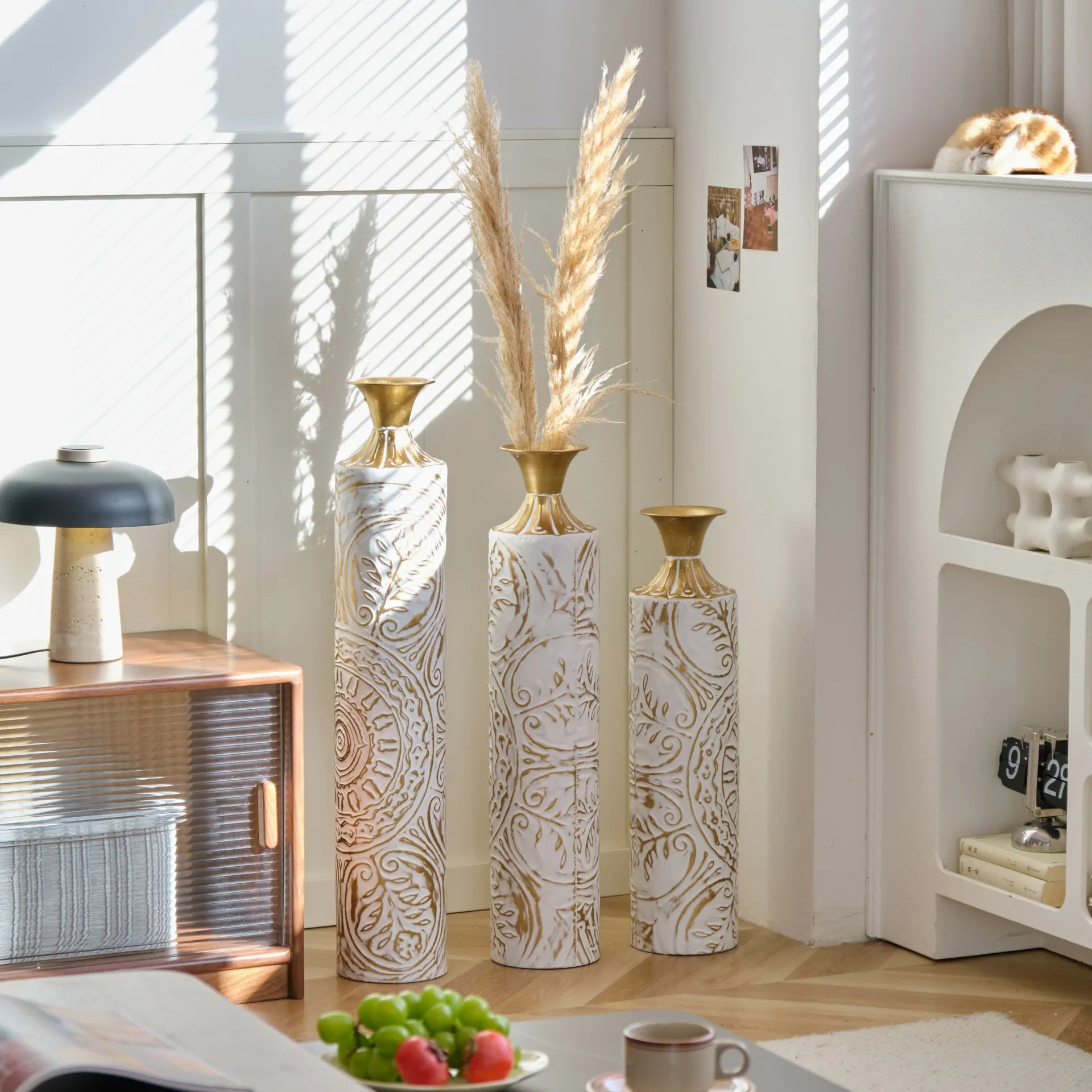 White Glazed Metal Floor Vases with Gold Accents Set of 3