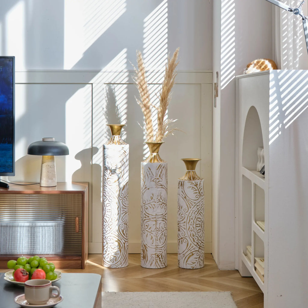 White Glazed Metal Floor Vases with Gold Accents Set of 3