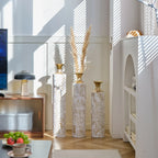 White Glazed Metal Floor Vases with Gold Accents Set of 3