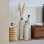 White Glazed Metal Floor Vases with Gold Accents Set of 3