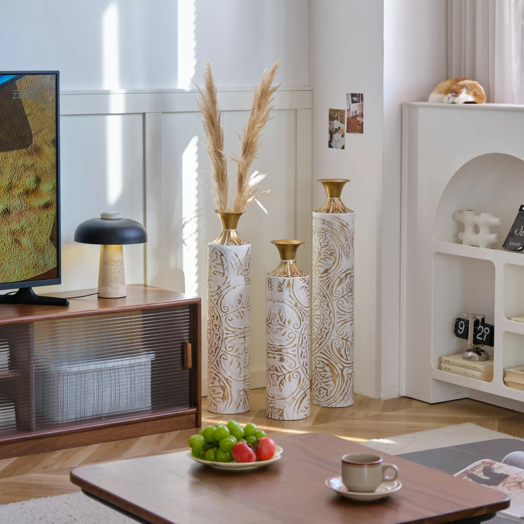 White Glazed Metal Floor Vases with Gold Accents Set of 3