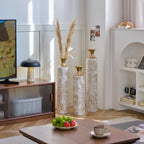 White Glazed Metal Floor Vases with Gold Accents Set of 3