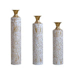 White Glazed Metal Floor Vases with Gold Accents Set of 3