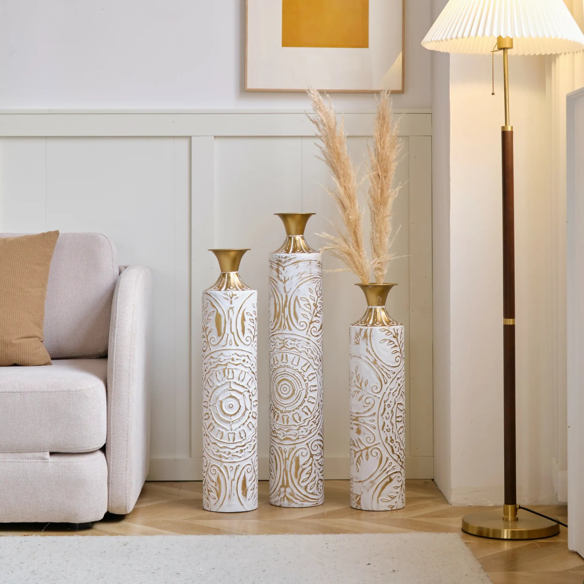 White Glazed Metal Floor Vases with Gold Accents Set of 3