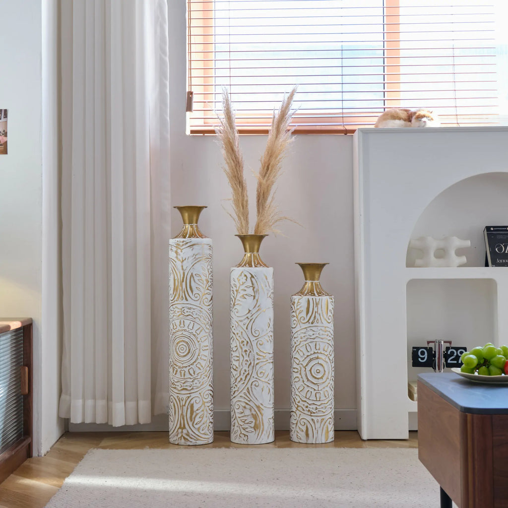 White Glazed Metal Floor Vases with Gold Accents Set of 3