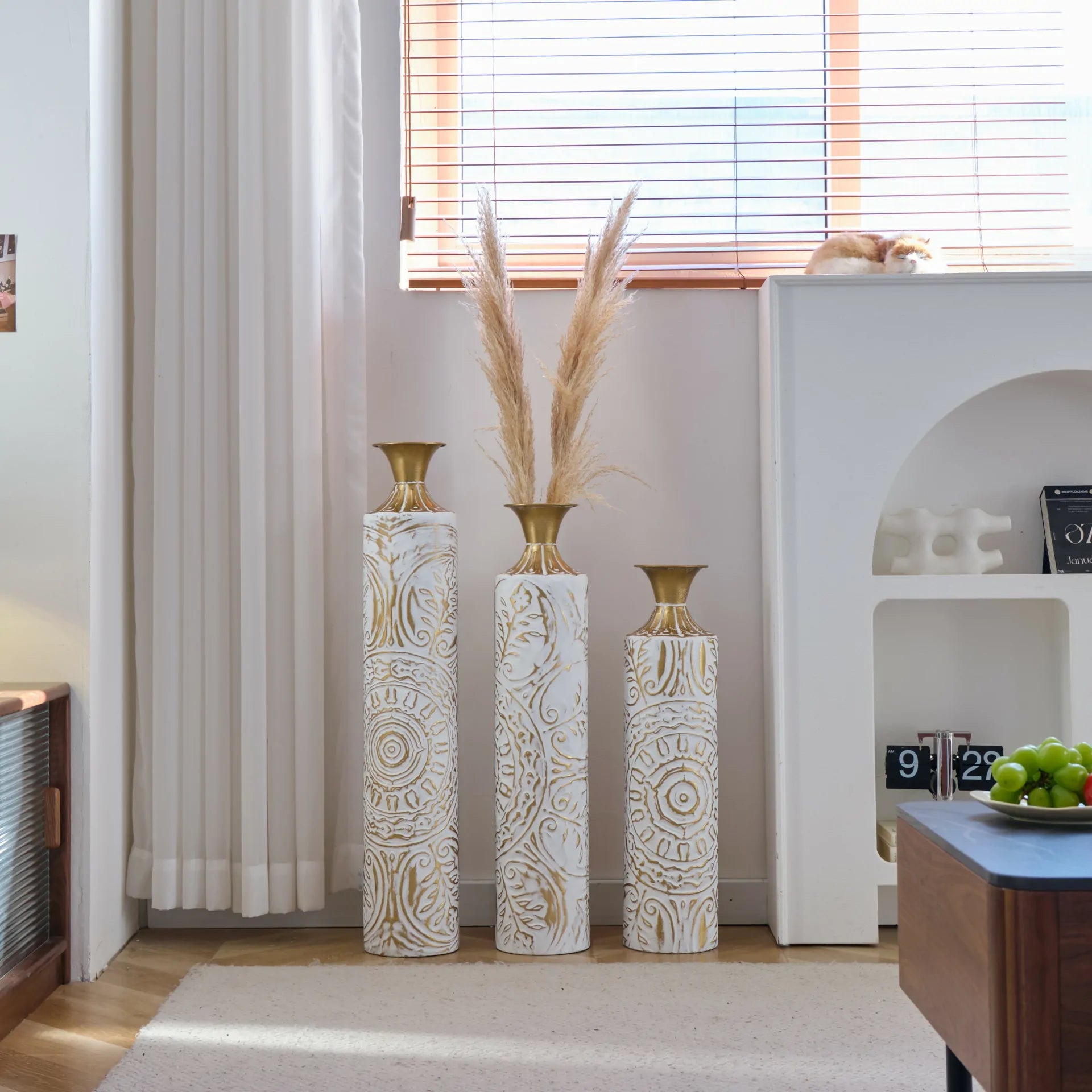 White Glazed Metal Floor Vases with Gold Accents Set of 3