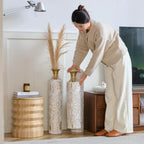 White Glazed Metal Floor Vases with Gold Accents Set of 3