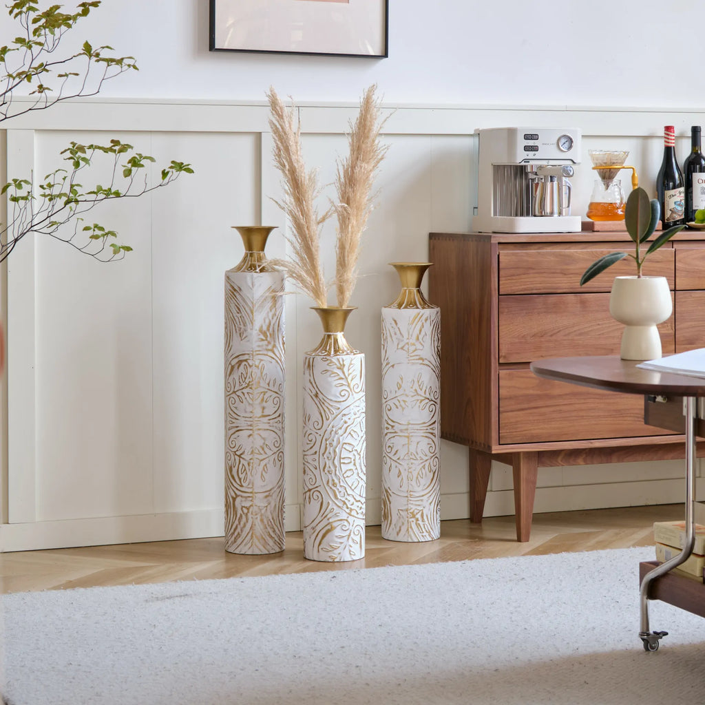 White Glazed Metal Floor Vases with Gold Accents Set of 3