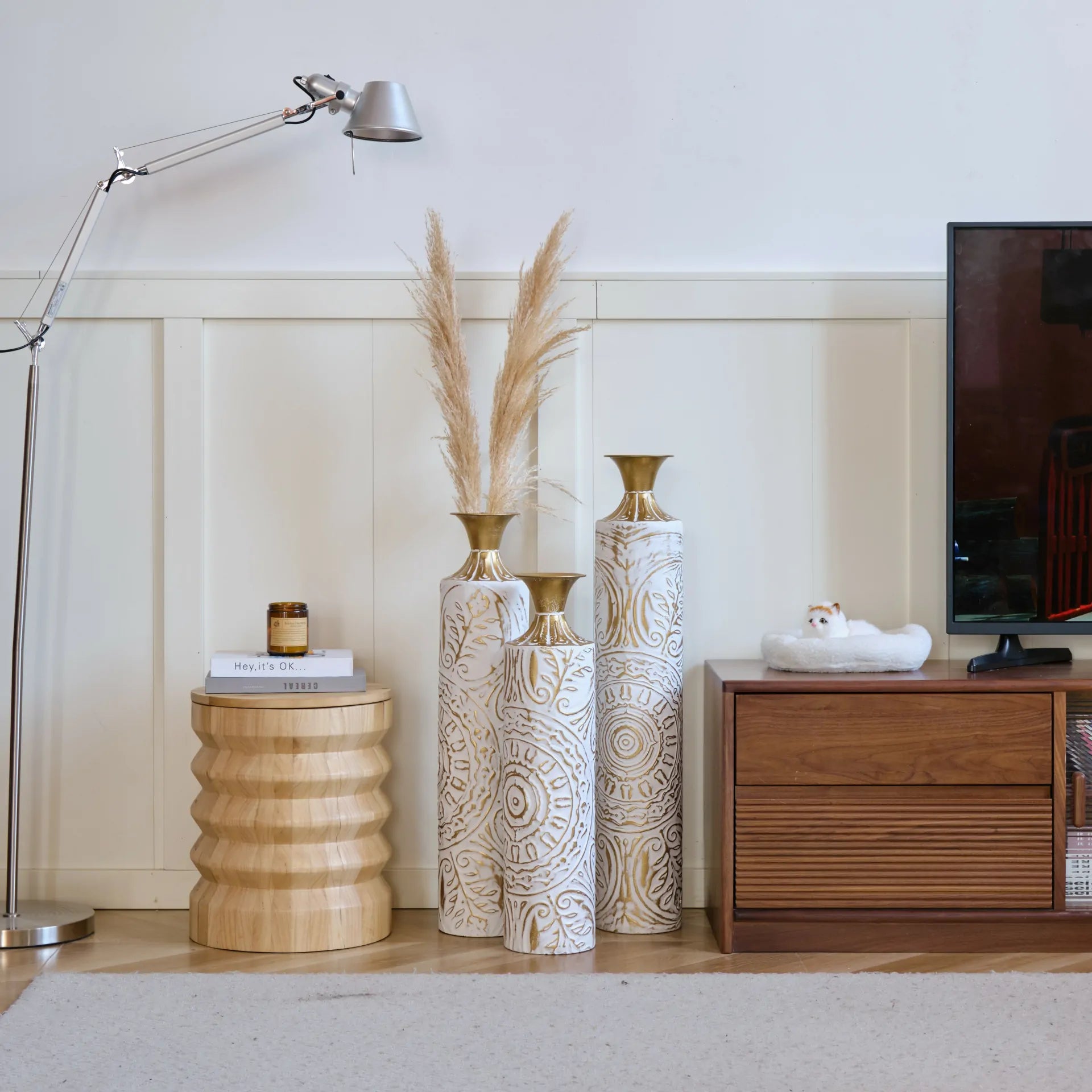 White Glazed Metal Floor Vases with Gold Accents Set of 3