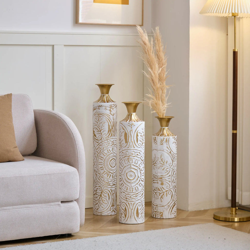 White Glazed Metal Floor Vases with Gold Accents Set of 3