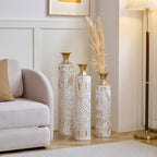 White Glazed Metal Floor Vases with Gold Accents Set of 3