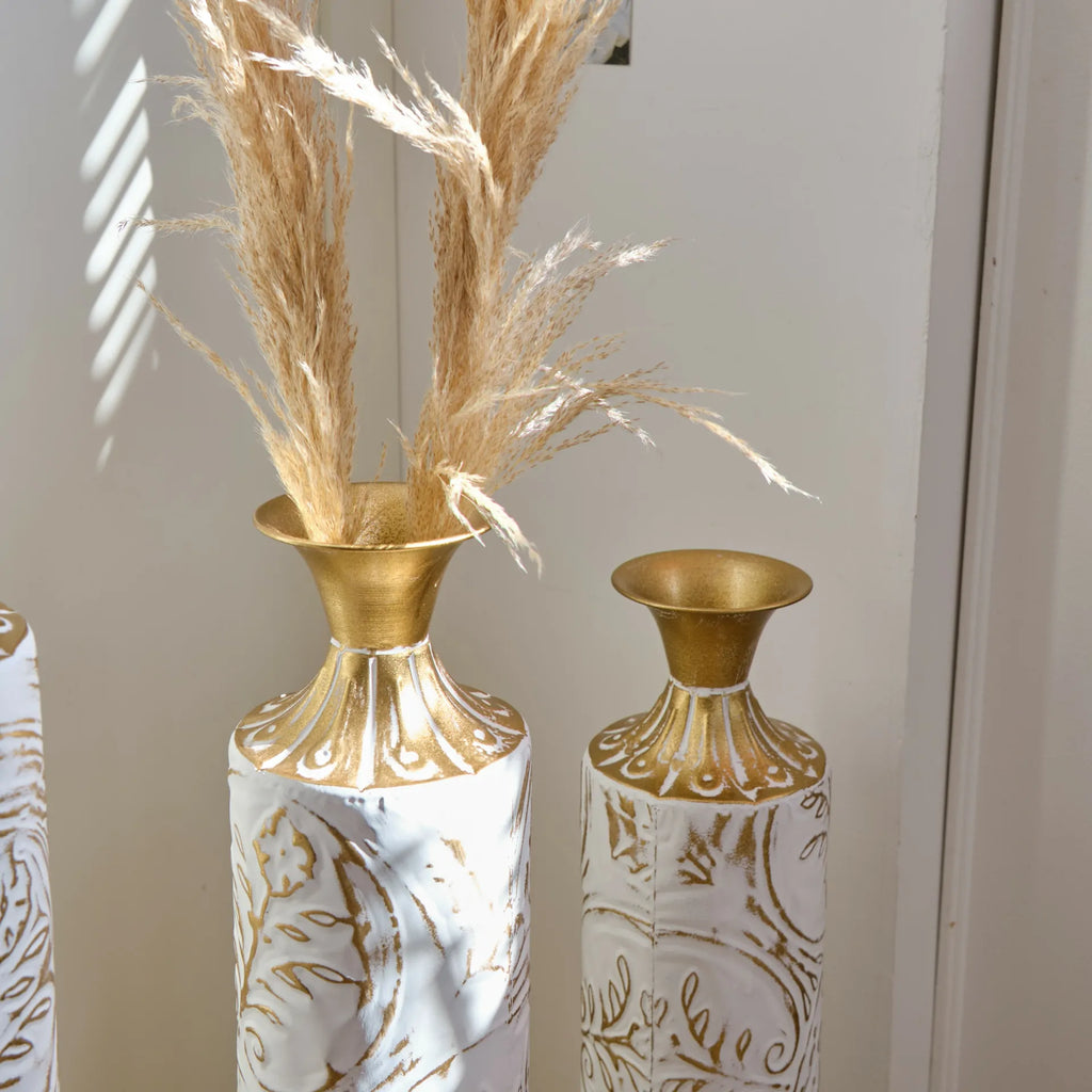 White Glazed Metal Floor Vases with Gold Accents Set of 3