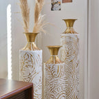 White Glazed Metal Floor Vases with Gold Accents Set of 3