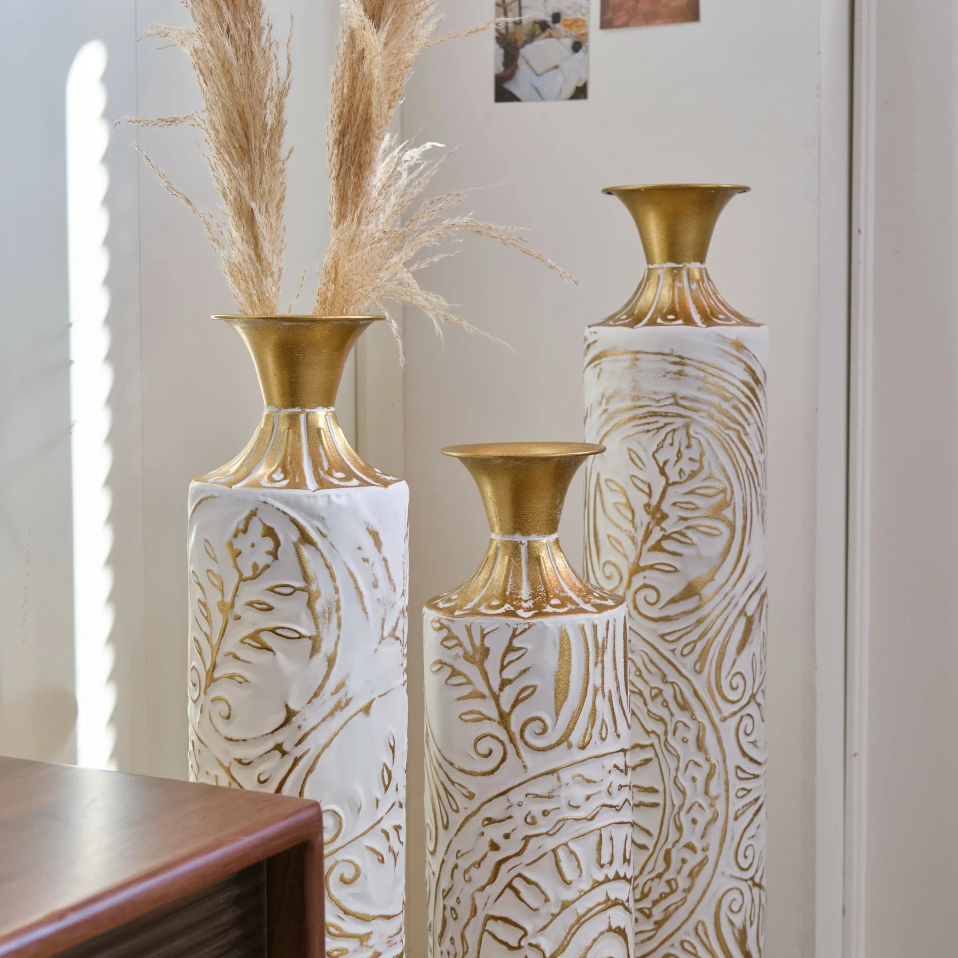 White Glazed Metal Floor Vases with Gold Accents Set of 3