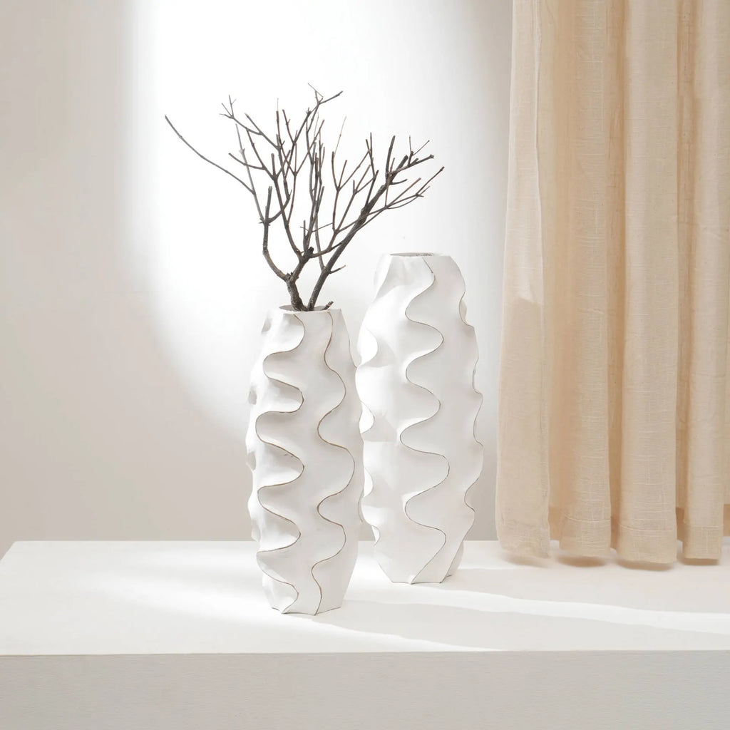 White Ribbed Wood Vase 15.5 Inch Handcrafted Sustainable Home Decor