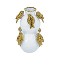 White Two Tier Ceramic Vase with Gold Bird Accents 14 Inch Home Deco